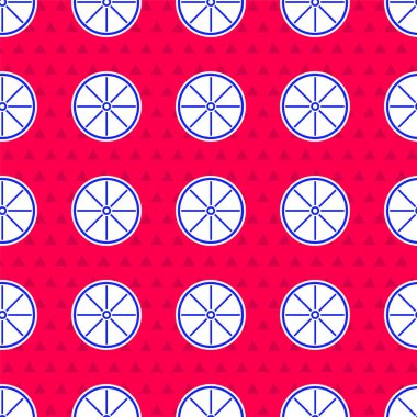 Kırmızı arkaplanda mavi bisiklet tekerleği simgesi izole edilmiş. Bisiklet yarışı. Olağanüstü bir spor. Spor malzemeleri. Vektör.