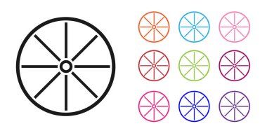 Beyaz arka planda siyah bisiklet tekerleği simgesi izole edildi. Bisiklet yarışı. Olağanüstü bir spor. Spor malzemeleri. Simgeleri renklendirin. Vektör.