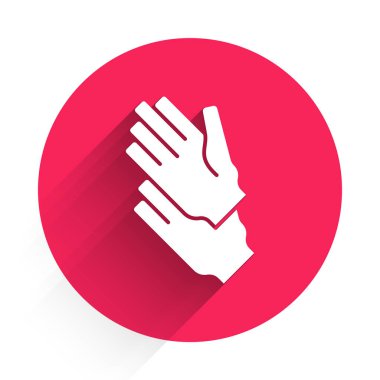 Uzun gölgeli beyaz lastik eldiven ikonu. Lateks el koruması işareti. Ev işi temizlik ekipmanları sembolü. Kırmızı daire düğmesi. Vektör.