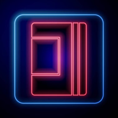 Parlayan neon not defteri simgesi siyah arkaplanda izole edildi. Spiral not defteri simgesi. Okul defteri. Yazı tahtası. Okul günlüğü. Vektör.