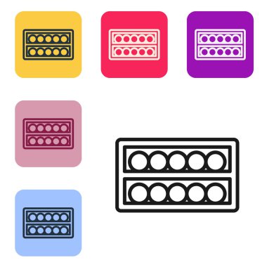 Siyah çizgi bilardo topları beyaz arkaplanda izole edilmiş bir simge üzerinde. Rafta bilardo topları var. Renkli kare düğmelerle simgeleri ayarla. Vektör.