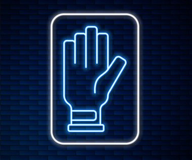 Parlayan neon hattı Golf eldiveni simgesi tuğla duvar arkasında izole edildi. Spor malzemeleri. Spor üniforması. Vektör.