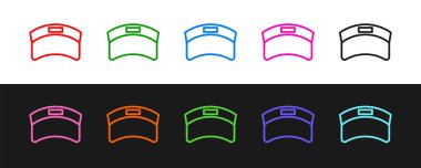 Siyah ve beyaz arkaplanda Güneş vizör simgesini ayır. Spor malzemeleri. Spor üniforması. Vektör.