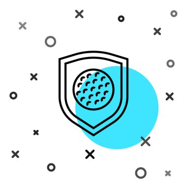 Beyaz arka planda siyah çizgi golf topu ve kalkan simgesi var. Rastgele dinamik şekiller. Vektör.