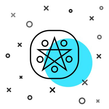 Beyaz arkaplanda izole edilmiş bir daire simgesinde siyah çizgi pentagramı. Sihirli okült yıldız sembolü. Rastgele dinamik şekiller. Vektör.