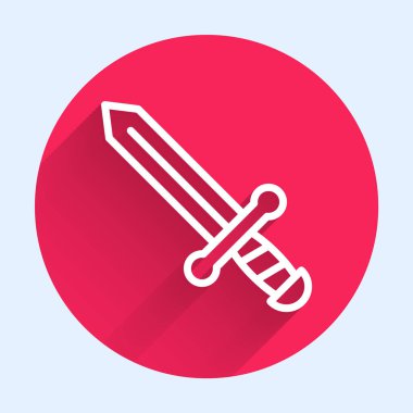 Beyaz çizgi Ortaçağ kılıç ikonu uzun gölgeli izole edilmiş. Ortaçağ silahı. Kırmızı daire düğmesi. Vektör.