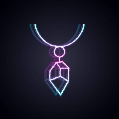 Siyah zemin üzerinde kristal simgesi olan parlak neon çizgisi kolye. Vektör.