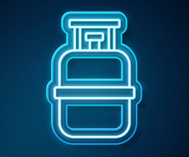 Parlayan neon hattı Propan gaz tankı ikonu mavi arkaplanda izole edildi. Yanabilir benzin deposu ikonu. Vektör.