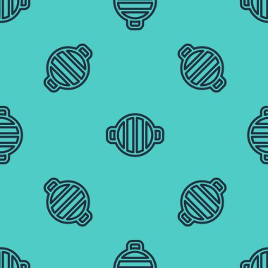 Siyah çizgi barbekü ikonu yeşil arka planda izole edilmiş pürüzsüz desen. Barbekü ızgara partisi. Vektör.