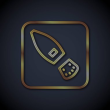 Altın çizgili insan ayak izi ayakkabı ikonu siyah arkaplanda izole edilmiş. Ayakkabı tabanı. Vektör.