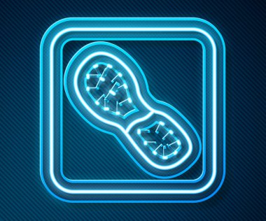 Parlayan neon çizgisi. Mavi arka planda izole edilmiş insan ayak izi ikonu. Ayakkabı tabanı. Vektör.