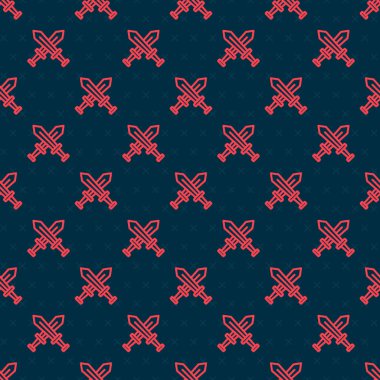 Kırmızı çizgi ortaçağ kılıç simgesini geçti. Siyah arka planda kusursuz desen izole edildi. Ortaçağ silahı. Vektör.