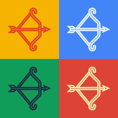 Popüler sanat çizgisi ortaçağ yayı ve ok simgesi arkaplanda izole edilmiş. Ortaçağ silahı. Vektör.