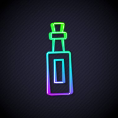 Parlayan neon hattı siyah arka planda izole edilmiş zeytinyağı ikonu. Zeytinyağı ikonlu sürahi. Vektör.