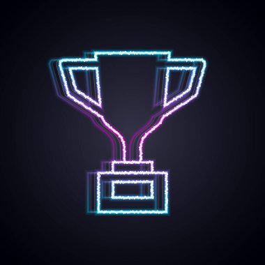 Siyah arka planda izole edilmiş bisiklet ikonu olan parlak neon çizgili ödül kupası. Galibiyet ödülü sembolü. Şampiyonluk ya da yarışma kupası. Spor başarısı. Vektör.