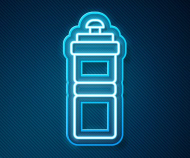 Mavi arka planda izole edilmiş su ikonu olan parlak neon hattı spor şişesi. Vektör.