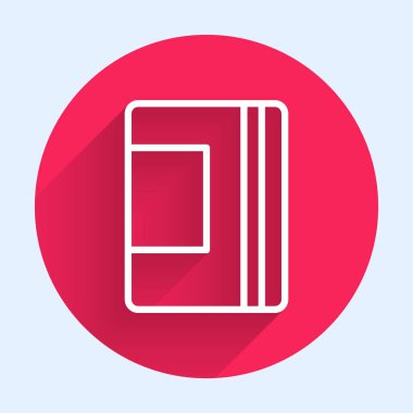 Beyaz çizgi Not Defteri simgesi uzun gölgeyle izole edildi. Spiral not defteri simgesi. Okul defteri. Yazı tahtası. Okul günlüğü. Kırmızı daire düğmesi. Vektör.