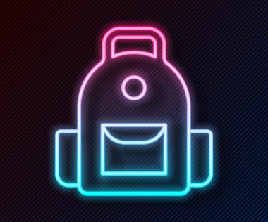 Parlayan neon çizgisi okul sırt çantası simgesi siyah arkaplanda izole edildi. Vektör.