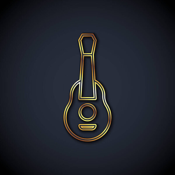 Золотая линия Гитара иконка выделена на черном фоне. Акустическая гитара. Струнный музыкальный инструмент. Вектор.