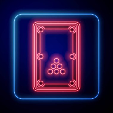 Parlayan neon bilardo masası simgesi siyah arkaplanda izole edildi. Bilardo masası. Vektör.