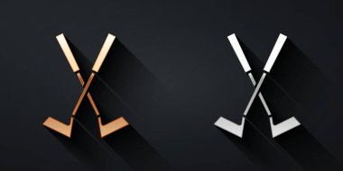 Altın ve gümüş karışımı golf sopası simgesi siyah arka planda izole edilmiş. Uzun gölge tarzı. Vektör.