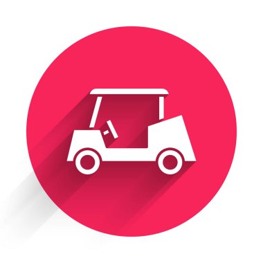 Uzun gölgeli beyaz golf arabası ikonu. Golf arabası. Kırmızı daire düğmesi. Vektör.