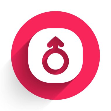 Beyaz Mars sembolü uzun gölgeli izole edilmiş. Astroloji, numeroloji, yıldız falı, astronomi. Kırmızı daire düğmesi. Vektör.