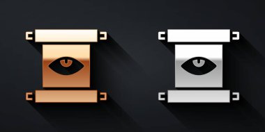 Simya tarifleri, mistik büyüler ve kara arka planda izole edilmiş büyülü ikonlar içeren altın ve gümüş Eskiler 'in sihirli parşömenleri. Uzun gölge tarzı. Vektör.