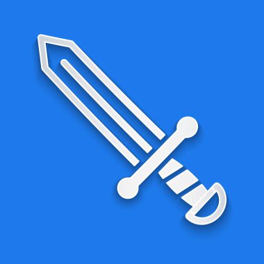 Kağıt kesiği Ortaçağ kılıç simgesi mavi arka planda izole edilmiş. Ortaçağ silahı. Kağıt sanatı tarzı. Vektör.