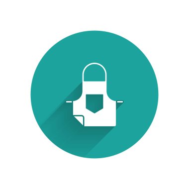 Kağıt kesiği mutfak önlüğü simgesi mavi arkaplanda izole edildi. Yemek pişirmek için şef üniforması. Kağıt sanatı tarzı. Vektör.