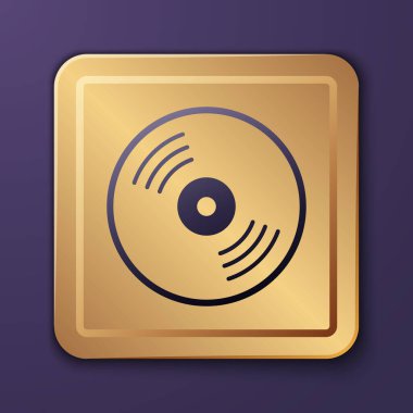 Mor Vinil disk simgesi mor arkaplanda izole edildi. Altın kare düğme. Vektör.
