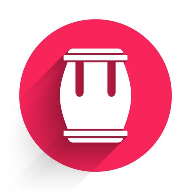 Beyaz Davul simgesi uzun gölgeli izole edilmiş. Müzik işareti. Müzik aleti sembolü. Kırmızı daire düğmesi. Vektör.