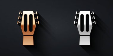 Siyah arkaplanda altın ve gümüş gitar ikonu var. Akustik gitar. Telli müzik aleti. Uzun gölge tarzı. Vektör.
