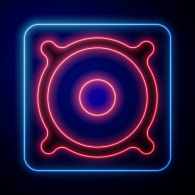 Parlayan neon ses sistemi hoparlörü simgesi siyah arkaplanda izole edildi. Ses sistemi hoparlörleri. Müzik ikonu. Müzikal sütun hoparlörü. Vektör.