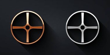 Siyah arka planda altın ve gümüş bisiklet tekerleği ikonu var. Bisiklet yarışı. Olağanüstü bir spor. Spor malzemeleri. Uzun gölge tarzı. Vektör.