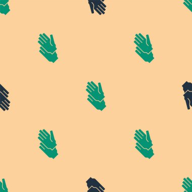 Yeşil ve siyah lastik eldiven ikonu bej arka planda izole edilmiş pürüzsüz desen. Lateks el koruması işareti. Ev işi temizlik ekipmanları sembolü. Vektör.