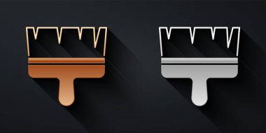 Siyah arkaplanda altın ve gümüş boya fırçası ikonu var. Uzun gölge tarzı. Vektör.