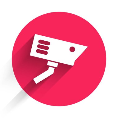 Beyaz güvenlik kamerası ikonu uzun gölgeli izole edilmiş. Kırmızı daire düğmesi. Vektör.