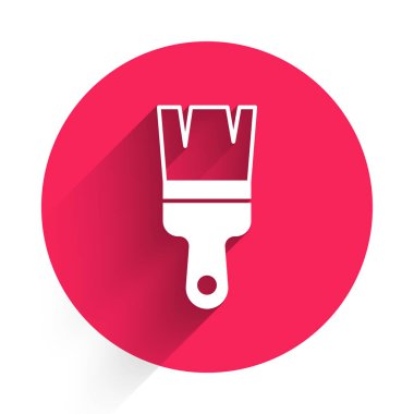 Beyaz boya fırça simgesi uzun gölgeli izole edilmiş. Kırmızı daire düğmesi. Vektör.