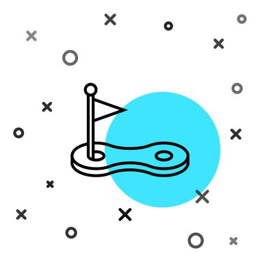 Beyaz zemin üzerinde bayrak simgesi olan siyah çizgi golf deliği. Rastgele dinamik şekiller. Vektör.