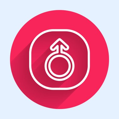 Mars 'ın beyaz çizgi sembolü uzun gölgeli izole edilmiş. Astroloji, numeroloji, yıldız falı, astronomi. Kırmızı daire düğmesi. Vektör.