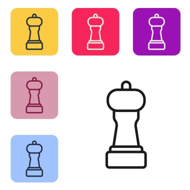 Siyah çizgi Pepper simgesi beyaz arkaplanda izole edildi. Yemek pişirme baharatları. Renkli kare düğmelerle simgeleri ayarla. Vektör.