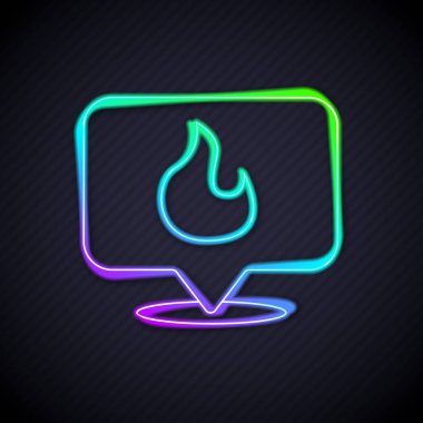 Siyah arkaplanda izole edilmiş ateş alev ikonu olan parlak neon çizgili harita işaretçisi. Yakında yangın var. Vektör.