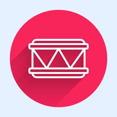 Beyaz çizgi Drum simgesi uzun gölgeli izole edilmiş. Müzik işareti. Müzik aleti sembolü. Kırmızı daire düğmesi. Vektör.