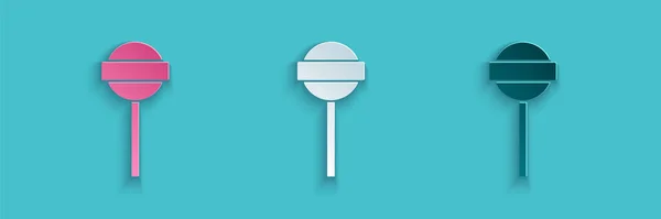 Бумага Вырезать Иконку Lollipop Изолированы Синем Фоне Еда Восхитительный Символ — стоковый вектор