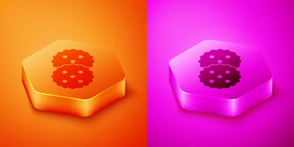 Isometric Cookie Biscuit Chocolate Icon Isolated Orange Pink Background Hexagon — Stock Vector