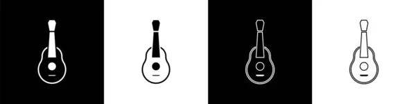 设置吉他图标隔离在黑白背景 声吉他 弦乐乐器 — 图库矢量图片