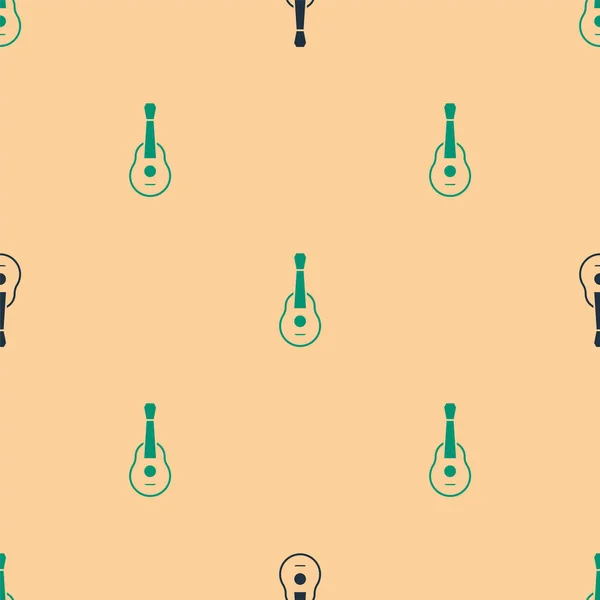 Green Black Guitar Icon Isolated Seamless Pattern Beige Background Acoustic — Stock Vector