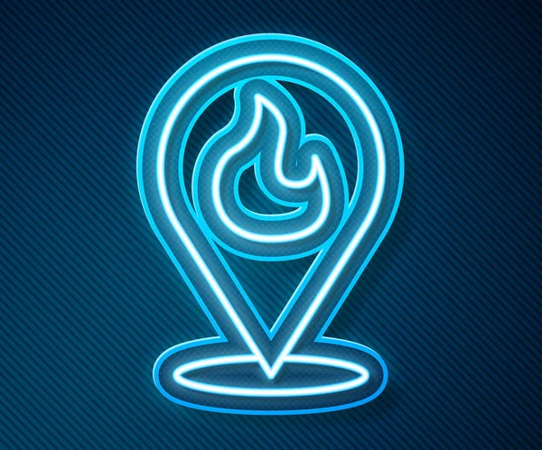 Zářící Neonová Čára Ukazatel Mapy Ikonou Požárního Plamene Izolovaný Modrém — Stockový vektor
