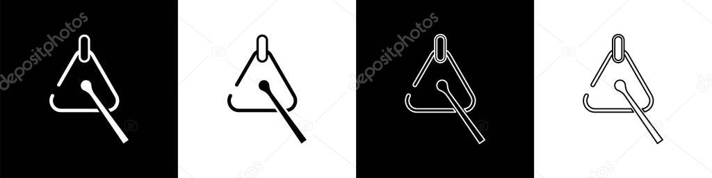 Set Triangle musical instrument icon isolated on black and white background.  Vector.